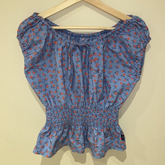 cottagecore Y2K tommy jeans Summer Peasant Smocked Waist Blouse S - Picture 3 of 11